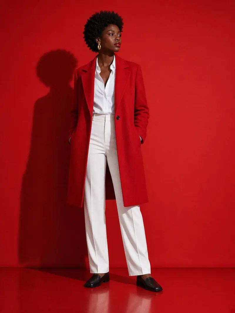Illustration, mannequin fictif : Femme en manteau droit rouge vermillon porté sur une chemise et un pantalon droit blancs, chaussures noires plates.