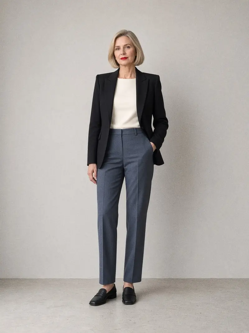 Illustration, mannequin fictif : Femme en blazer noir à épaules structurées ouvert sur un haut ivoire à encolure bateau, pantalon droit bleu acier à la cheville et mocassins noirs.