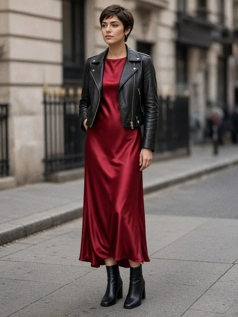 Illustration, mannequin fictif : Femme en blouson de cuir noir court porté sur une robe longue rouge cerise fluide, avec des bottines noires à bout carré.