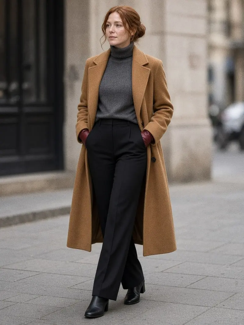 Illustration, mannequin fictif : Femme marchant en manteau long camel ouvert sur un col roulé gris anthracite et un pantalon noir mat, gants rouge grenat et bottes noires à talon carré.