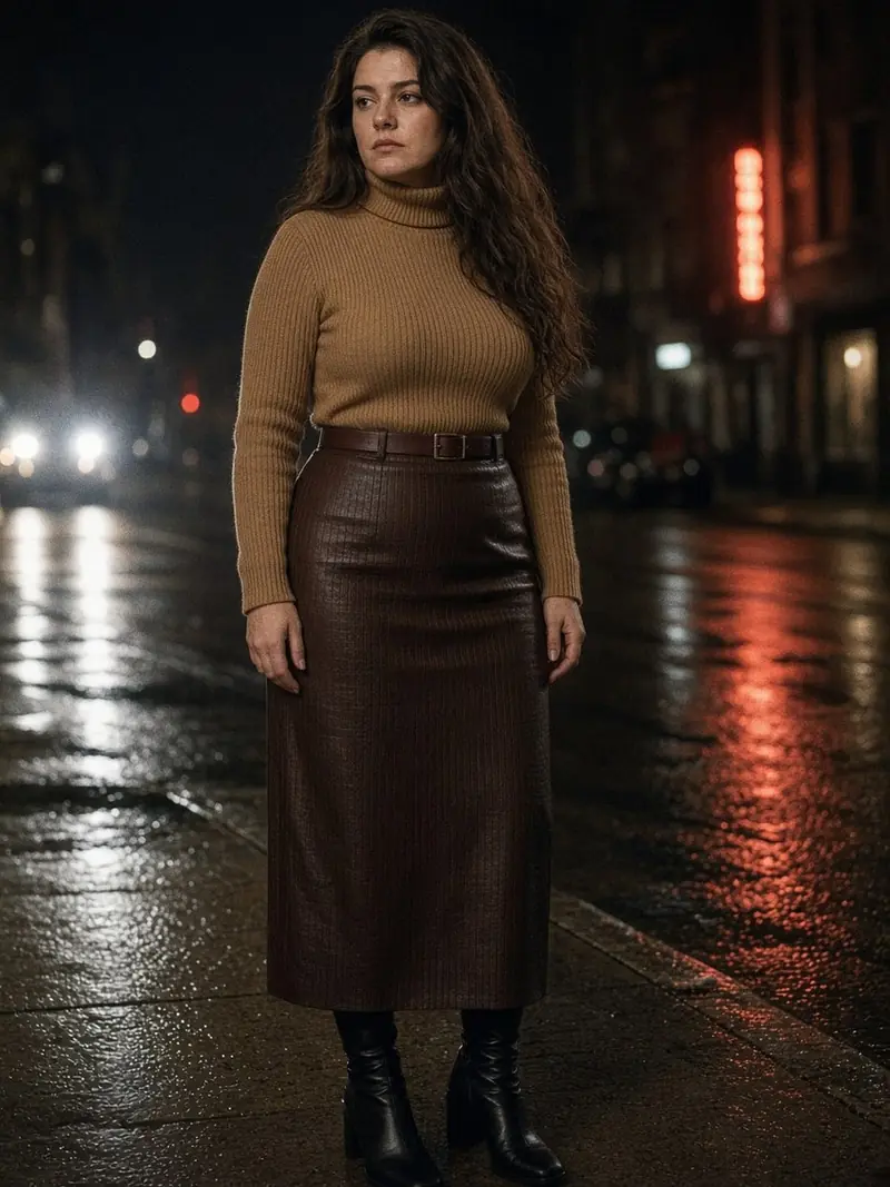Illustration, mannequin fictif : Femme en jupe droite en cuir brun au genou, col roulé en cachemire fin camel rentré, ceinture fine et bottines noires à talon carré.