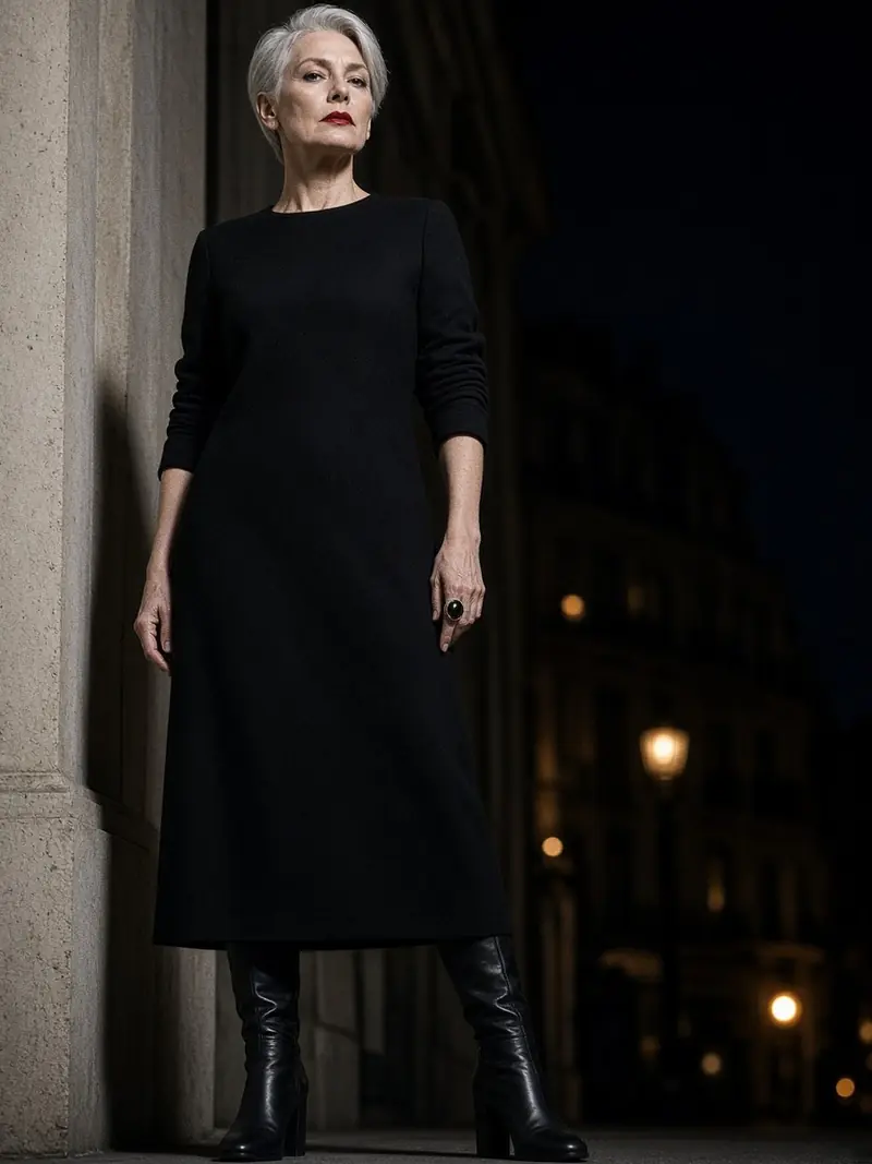 Illustration, mannequin fictif : Femme en robe droite noire en crêpe de laine, manches remontées sur les avant-bras, bague sombre à l'index, bouche rouge grenat, bottes noires à talon carré.
