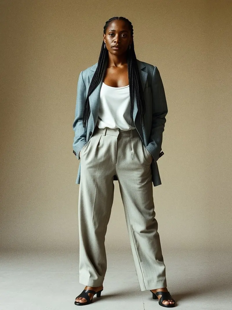 Illustration, mannequin fictif : Femme en blazer oversize gris perle et pantalon fluide assorti, bretelle de soie visible à l'épaule, sandales fines à talon.