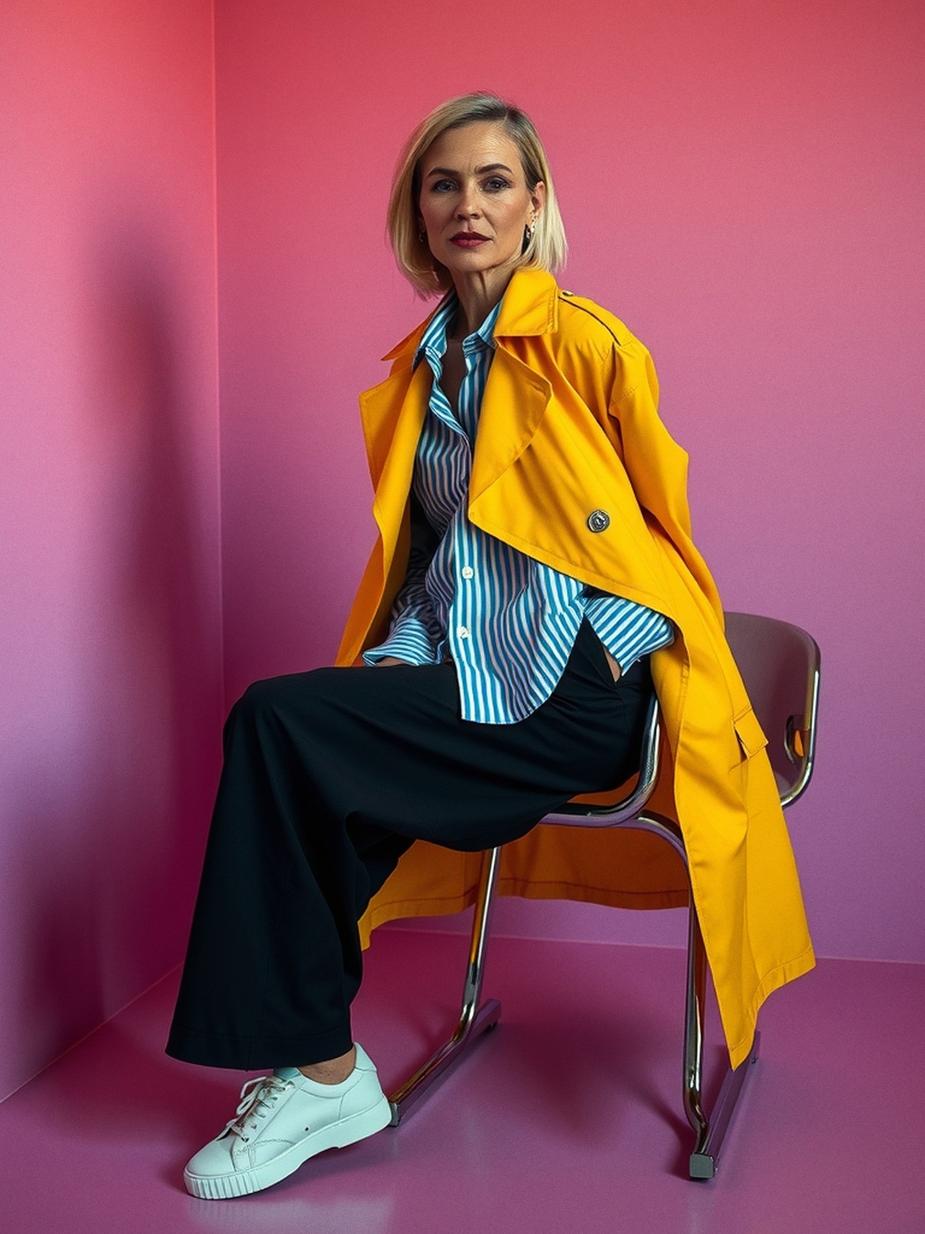 Mannequin en trench jaune mimosa ouvert sur une chemise rayée bleu et blanc, debout dans un couloir carrelé pâle, visage entier dans le cadre