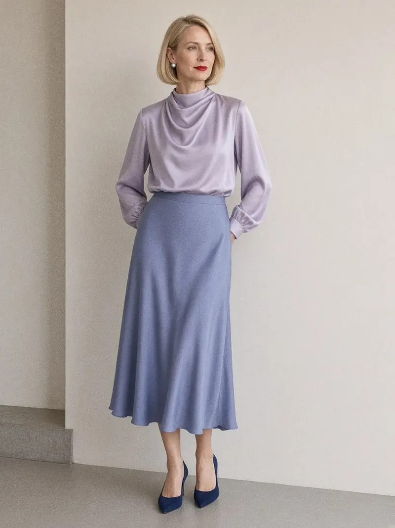 Illustration, mannequin fictif : Femme debout en chemisier en soie lavande pâle, jupe midi bleu lavande plus foncé et escarpins bleu nuit.