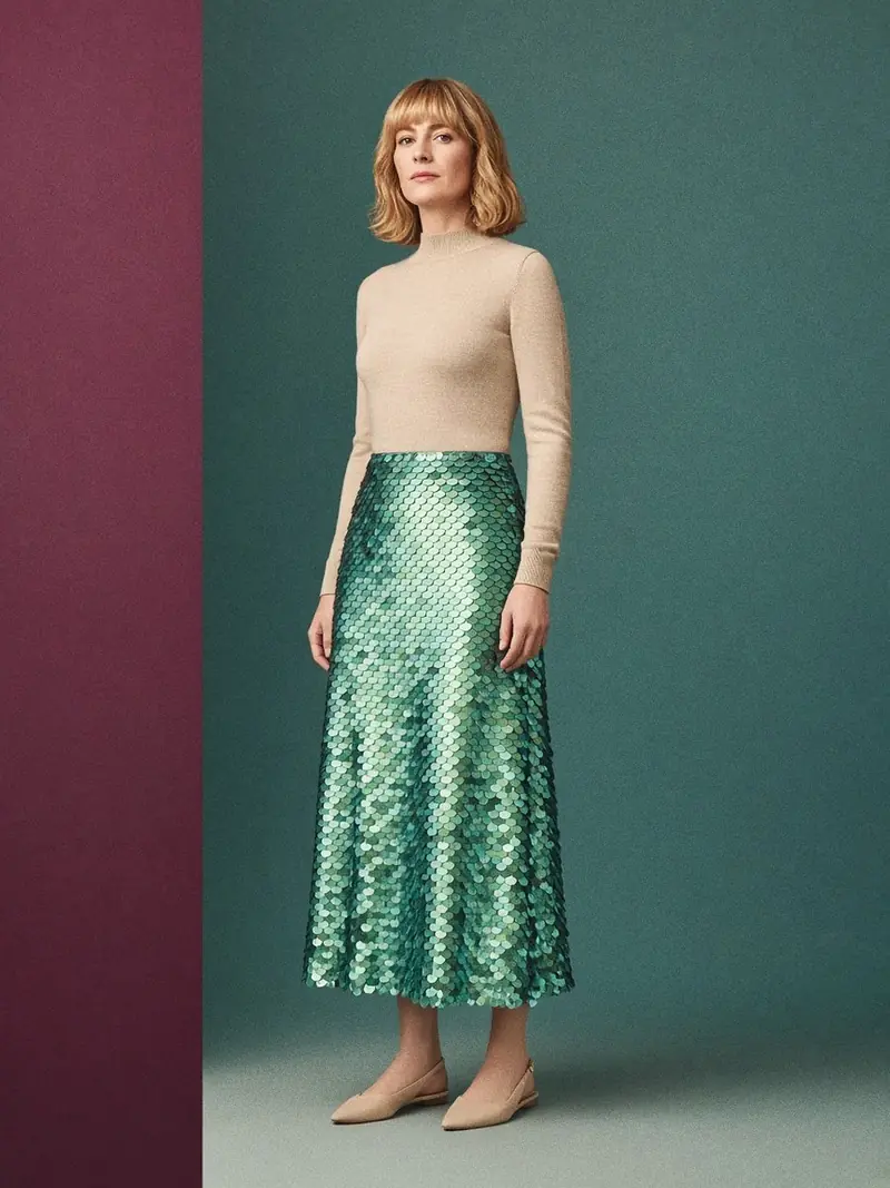 Illustration, mannequin fictif : Femme en jupe midi à écailles irisées vert d'eau et haut en maille fine écru à manches longues.