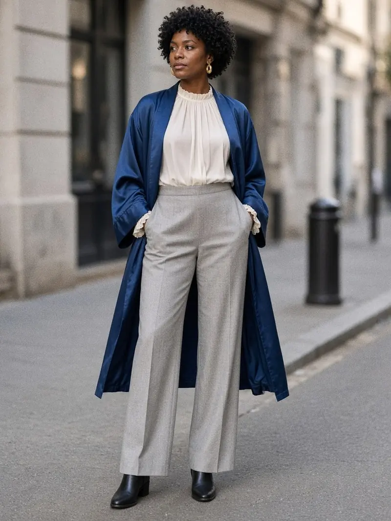 Illustration, mannequin fictif : Femme en kimono long en satin bleu encre ouvert sur un chemisier en organza écru et un pantalon large gris perle.