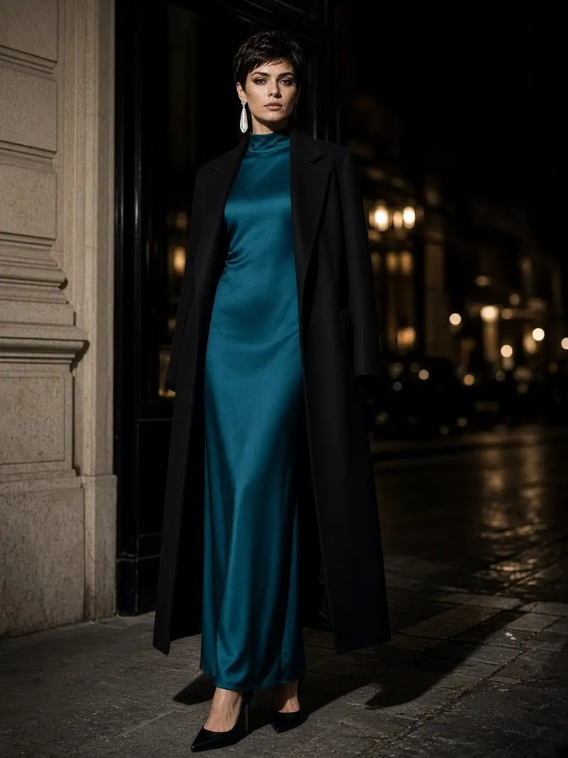Illustration, mannequin fictif : Femme en robe longue fourreau en soie turquoise profond couvrante, sous un manteau long noir ouvert, avec une longue boucle d'oreille en nacre.