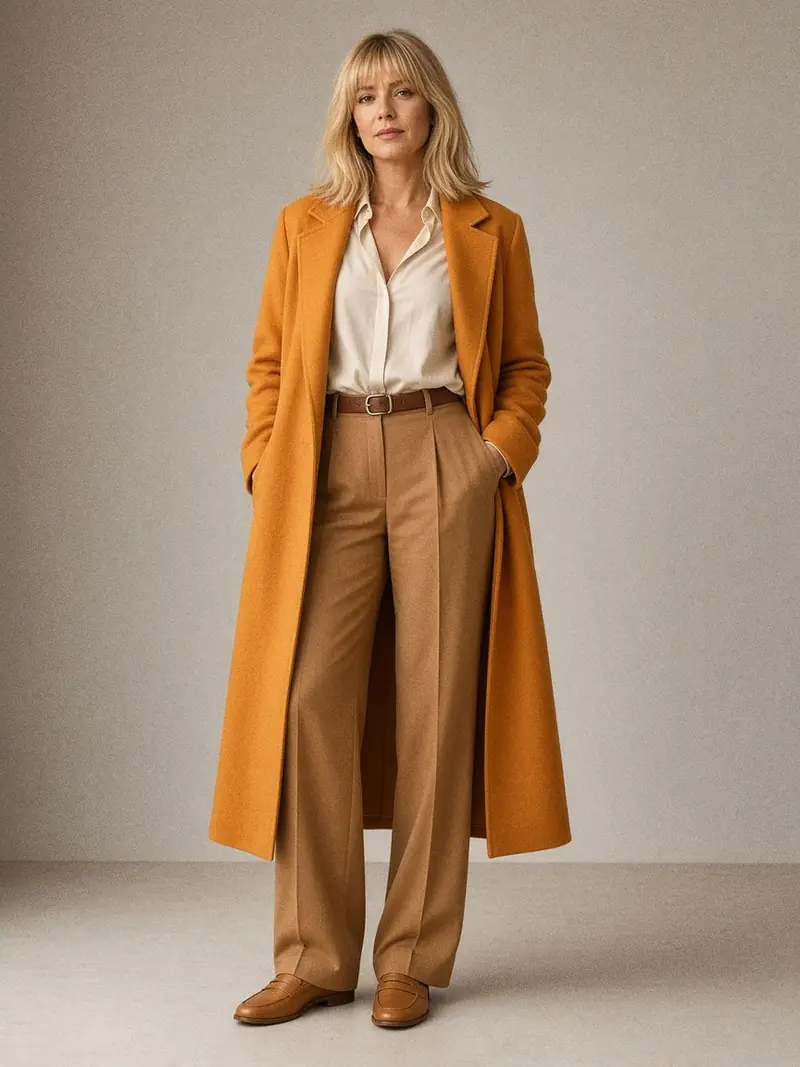 Illustration, mannequin fictif : Femme debout en manteau droit safran ouvert sur un chemisier écru et un pantalon large camel, mocassins plats.