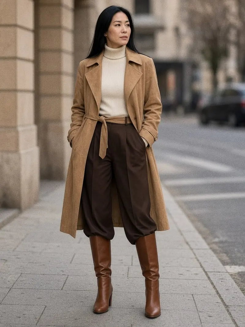 Illustration, mannequin fictif : Femme marchant en trench en daim camel ceinturé bas, col roulé écru, pantalon large marron et bottes hautes fauves.