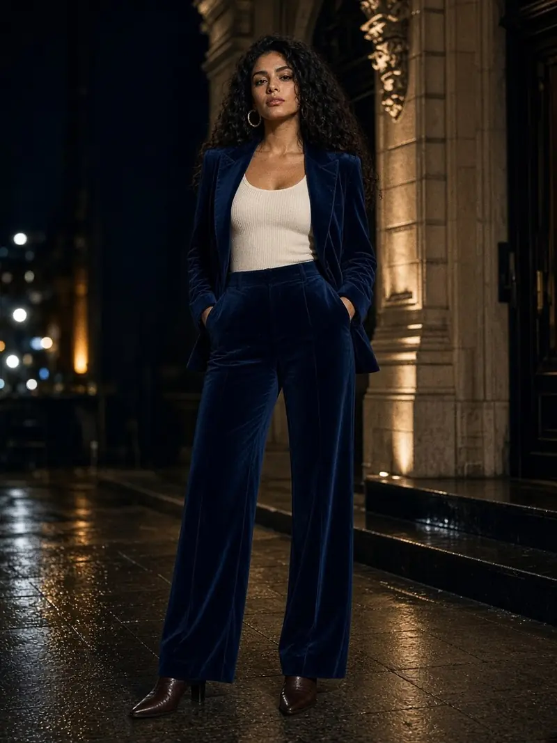 Illustration, mannequin fictif : Femme en blazer de velours bleu encre ouvert sur un débardeur écru, pantalon fluide bleu encre et bottines à bout fin, grandes créoles.