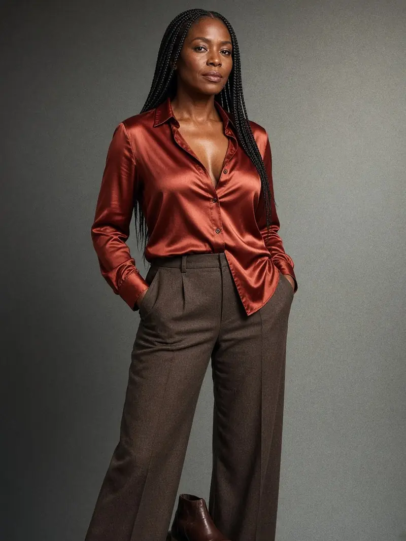 Illustration, mannequin fictif : Femme en chemisier en satin rouge brique rentré d'un seul côté, pantalon large taupe foncé et bottines à talon bas.