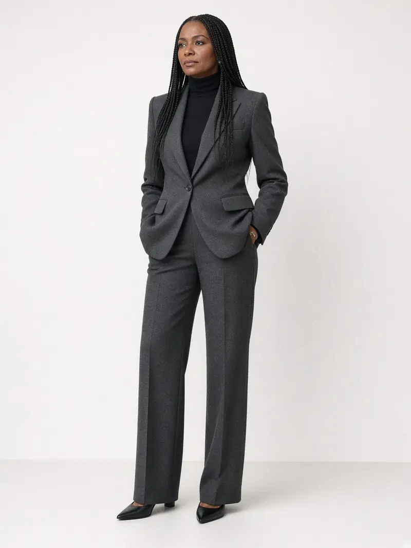 Illustration, mannequin fictif : Femme debout en tailleur pantalon gris anthracite aux épaules structurées, col roulé noir et escarpins noirs.