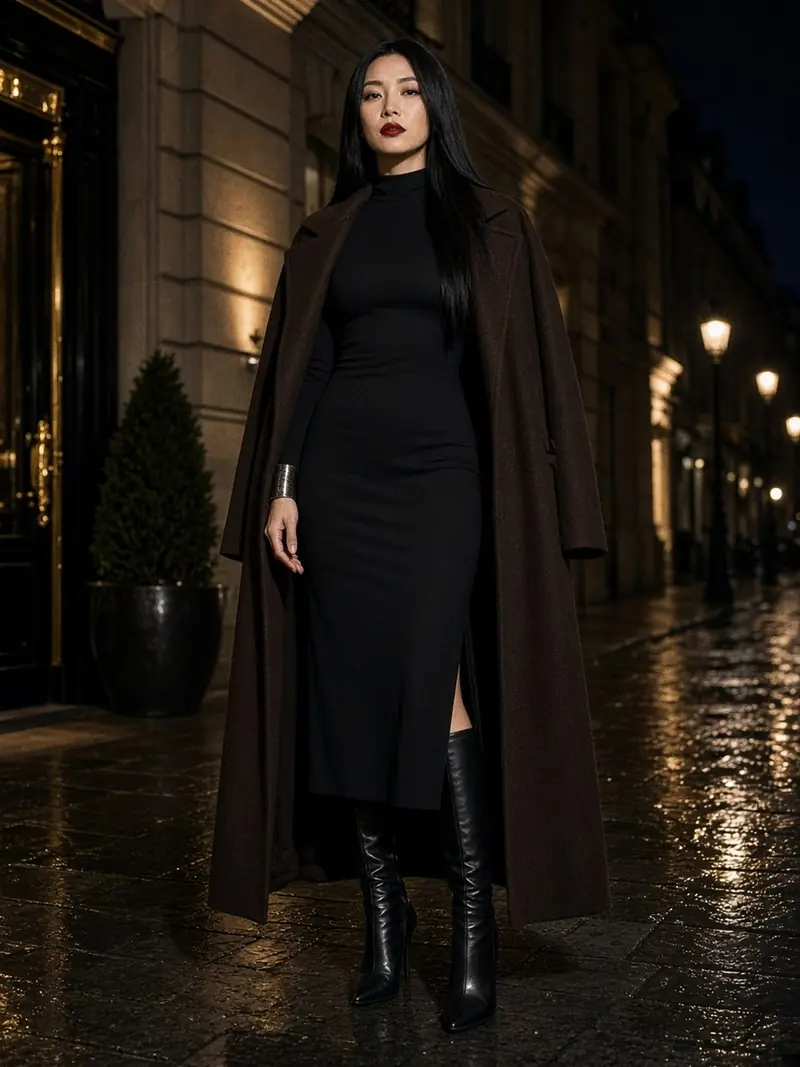 Illustration, mannequin fictif : Femme en robe noire en jersey à col montant et manches longues fendue sur le côté, manteau long chocolat sur les épaules, bottes hautes noires et manchette argentée.