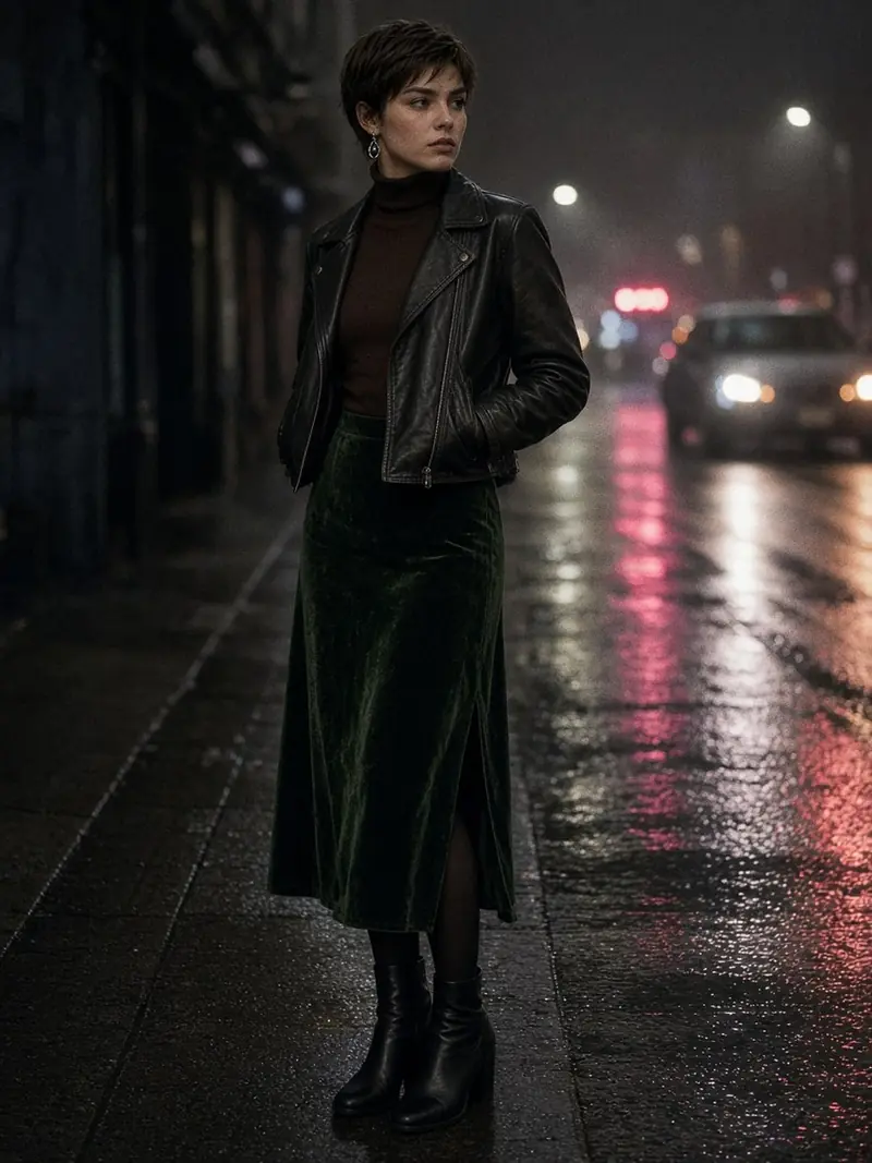 Illustration, mannequin fictif : Femme en jupe midi fendue en velours vert bouteille, veste en cuir noir courte et col roulé chocolat, un seul pendant d'oreille argenté.