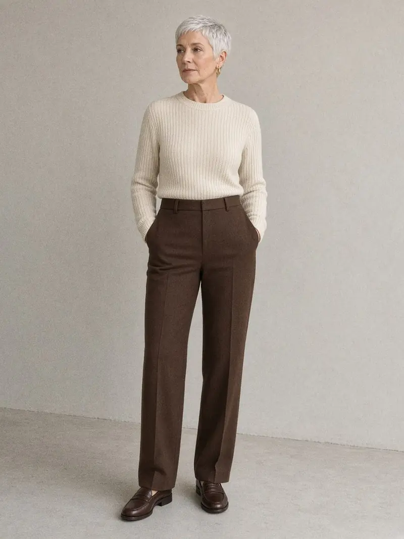 Illustration, mannequin fictif : Femme debout en pull côtelé crème rentré dans un pantalon brun chocolat à jambe droite, mocassins marron et petites créoles dorées.