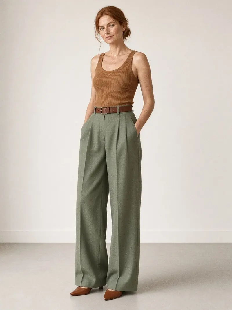Illustration, mannequin fictif : Femme en débardeur côtelé caramel ajusté rentré dans un pantalon large à pinces vert amande, ceinture large en cuir brun et mules caramel.