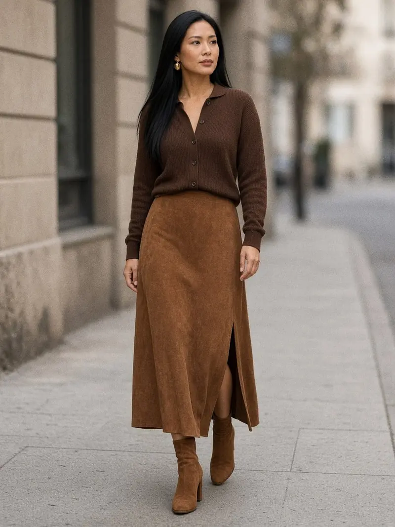 Illustration, mannequin fictif : Femme en jupe longue en daim caramel fendue, bottines en daim caramel assorties et gilet de maille brun chocolat boutonné porté seul.