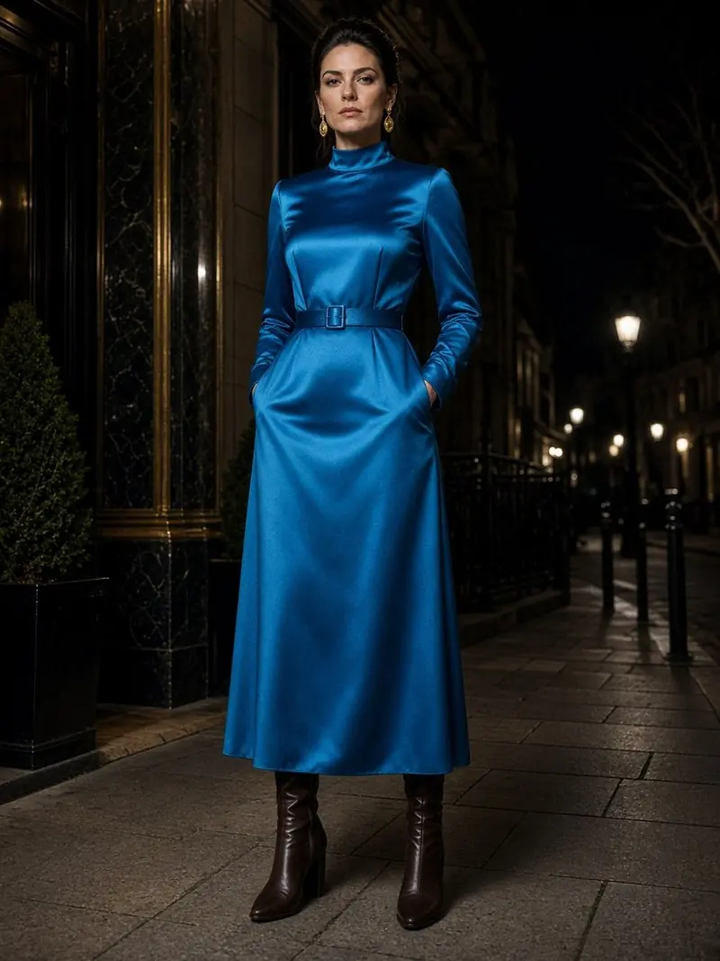 Illustration, mannequin fictif : Femme en robe midi de satin bleu paon à manches longues ceinturée à la taille, bottines en cuir brun à talon et boucles d'oreilles dorées en goutte.