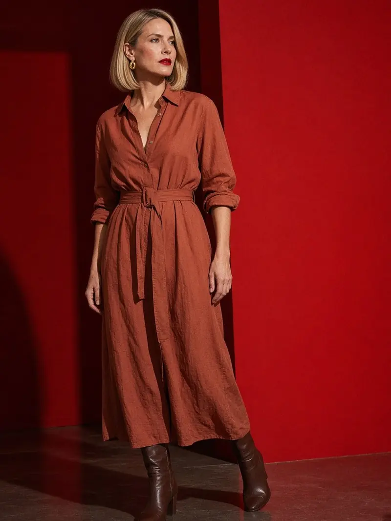 Illustration, mannequin fictif : Femme en robe chemise de soie lavée terracotta ceinturée, manches retroussées, bottines en cuir brun et boucles d'oreilles dorées en goutte.
