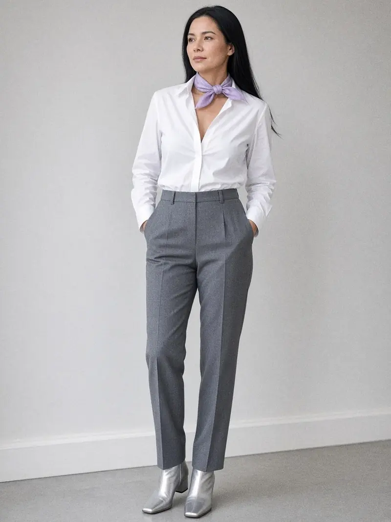 Illustration, mannequin fictif : Femme en pantalon droit gris acier et chemise blanche ample, foulard lilas noué court au col et bottines argentées à bout carré.