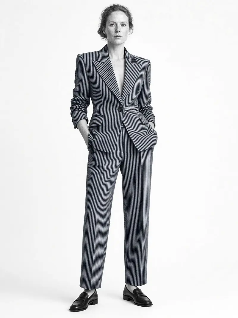Illustration, mannequin fictif : Femme en tailleur à rayures fines bleu nuit et blanc, veste à épaule nette, pantalon large raccourci à la cheville et mocassins plats noirs.