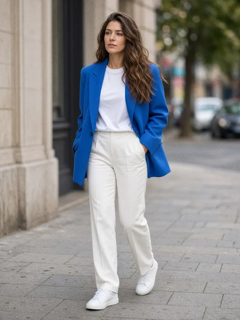 Illustration, mannequin fictif : Femme en blazer oversize bleu électrique ouvert sur un t-shirt blanc épais, pantalon droit blanc et baskets blanches en cuir.