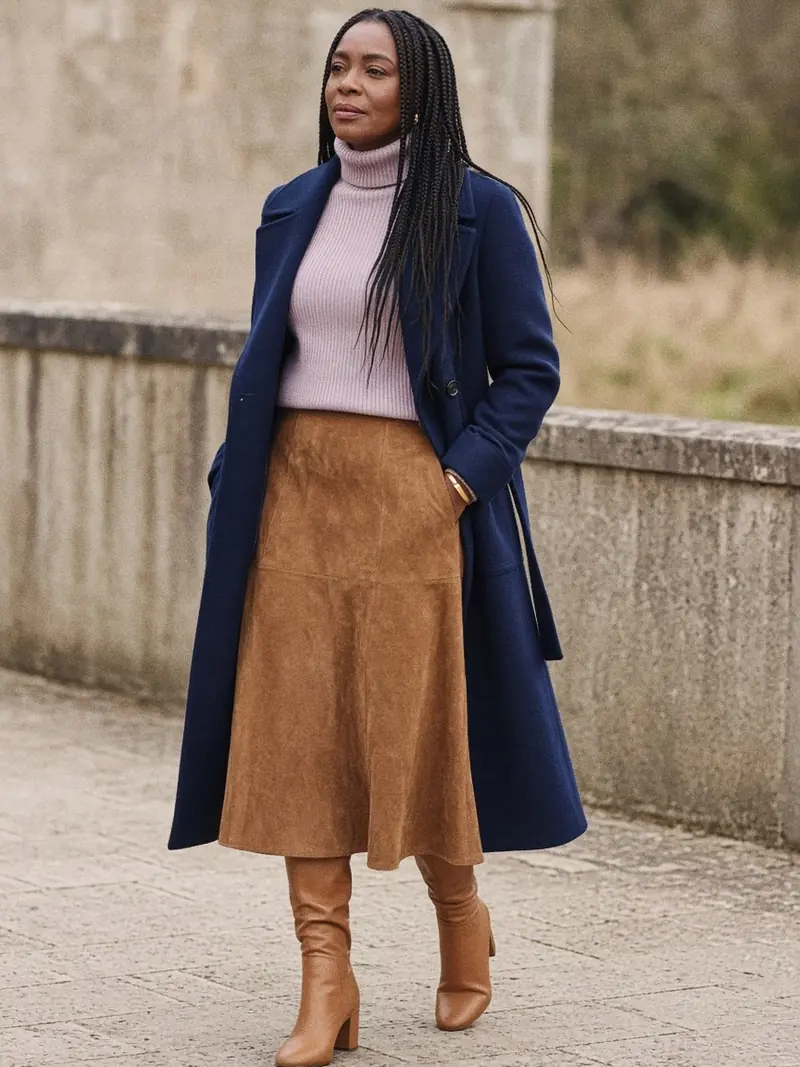 Illustration, mannequin fictif : Femme en maille côtelée lilas givré, jupe midi en daim camel, manteau bleu nuit ouvert, bottes hautes fauves et bracelet jonc doré.