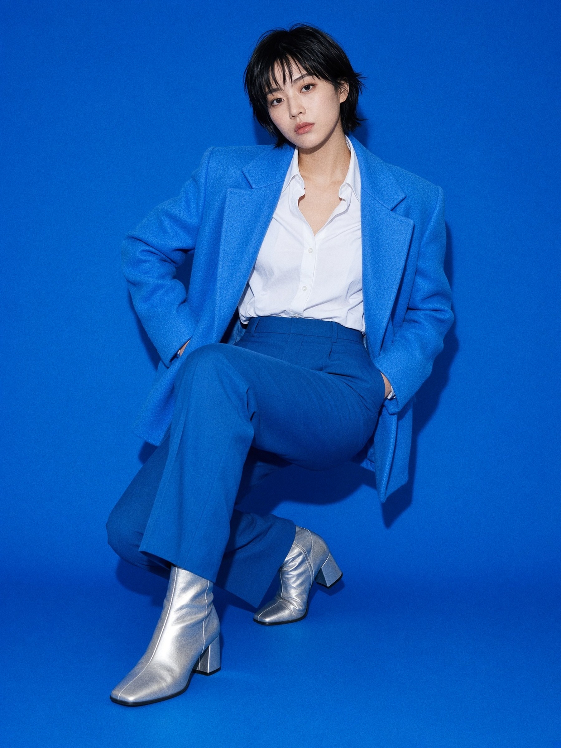 Mannequin en costume bleu électrique et chemise blanche, un miroir à main, debout sur une scène de théâtre vide.