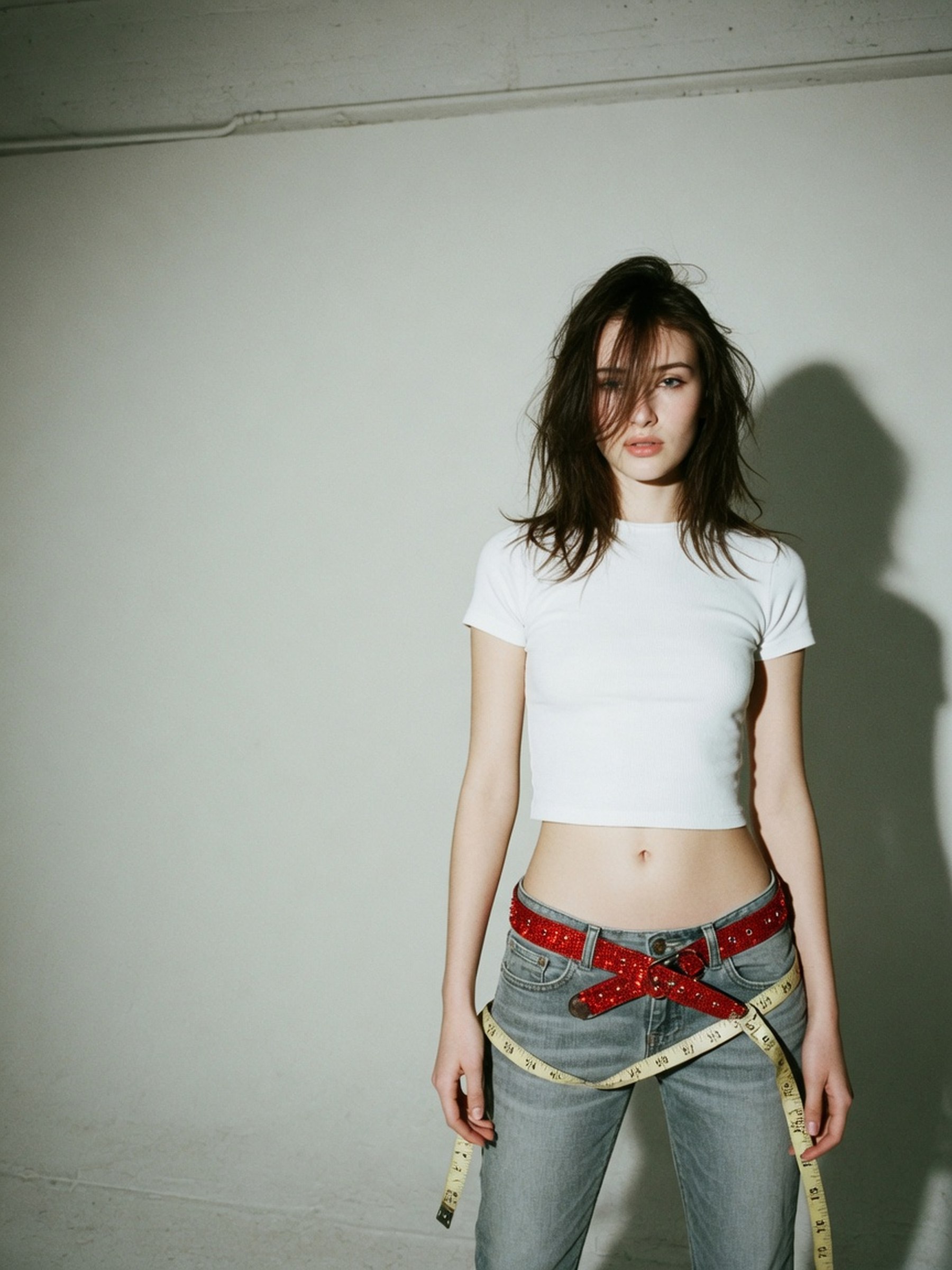 Mannequin de dos et de profil portant un jean taille basse Y2K, ceinture posée sous les os iliaques, dans un studio à la lumière de flash direct.
