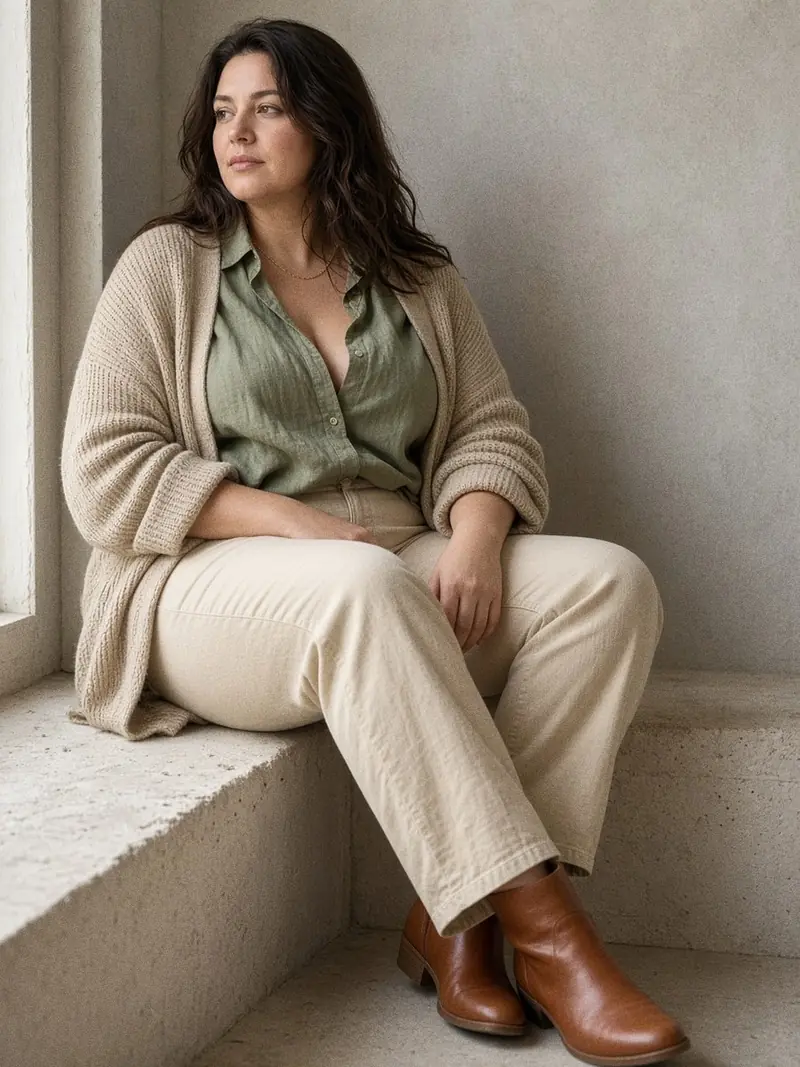 Illustration, mannequin fictif : Femme en chemise de lin vert sauge col ouvert sous un long gilet de maille beige porté ouvert, jean droit écru et bottines cognac.
