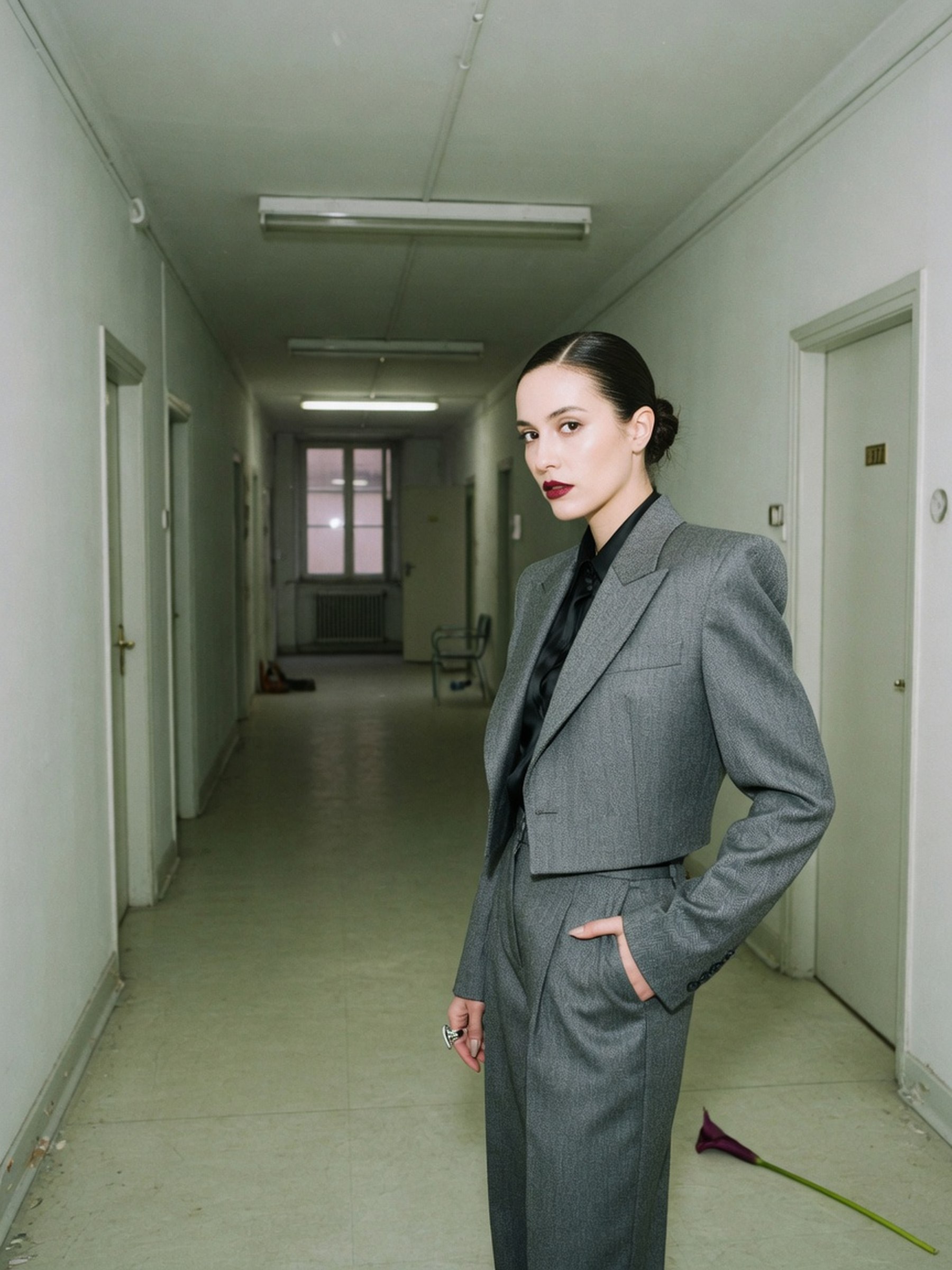 Veste de tailleur à épaules marquées, détail du col et de l'emmanchure