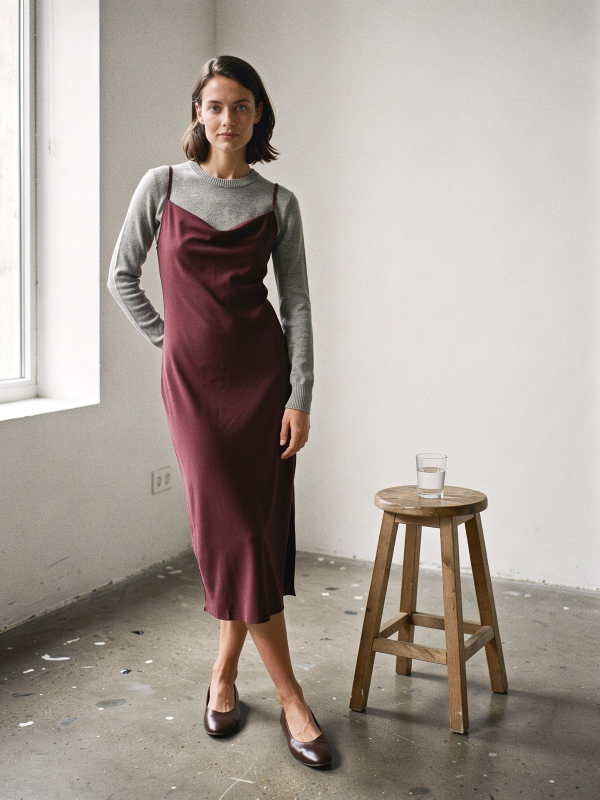 Mannequin en slip dress bordeaux porté sur un pull fin gris