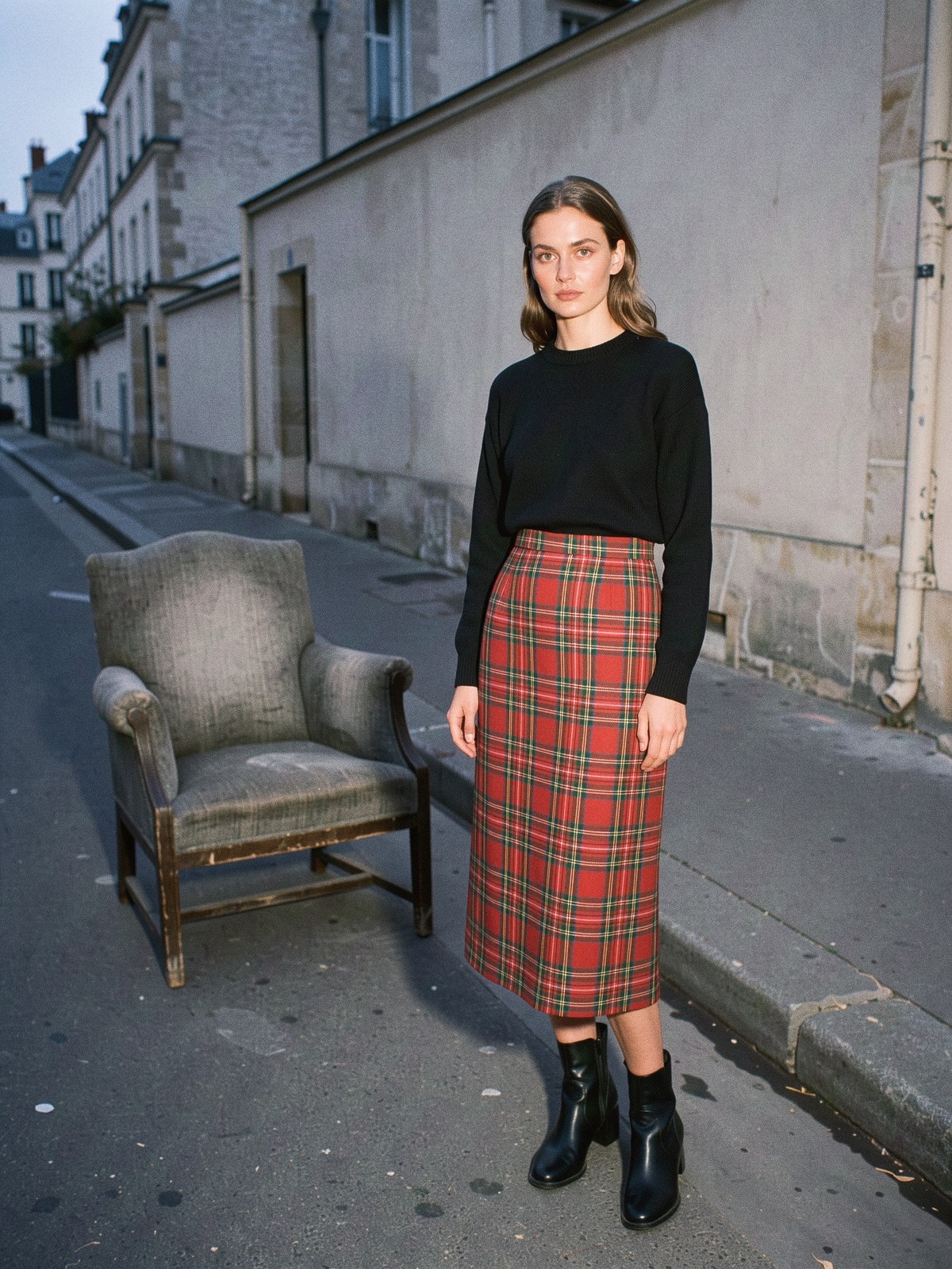 Mannequin en jupe tartan structurée et pull noir uni