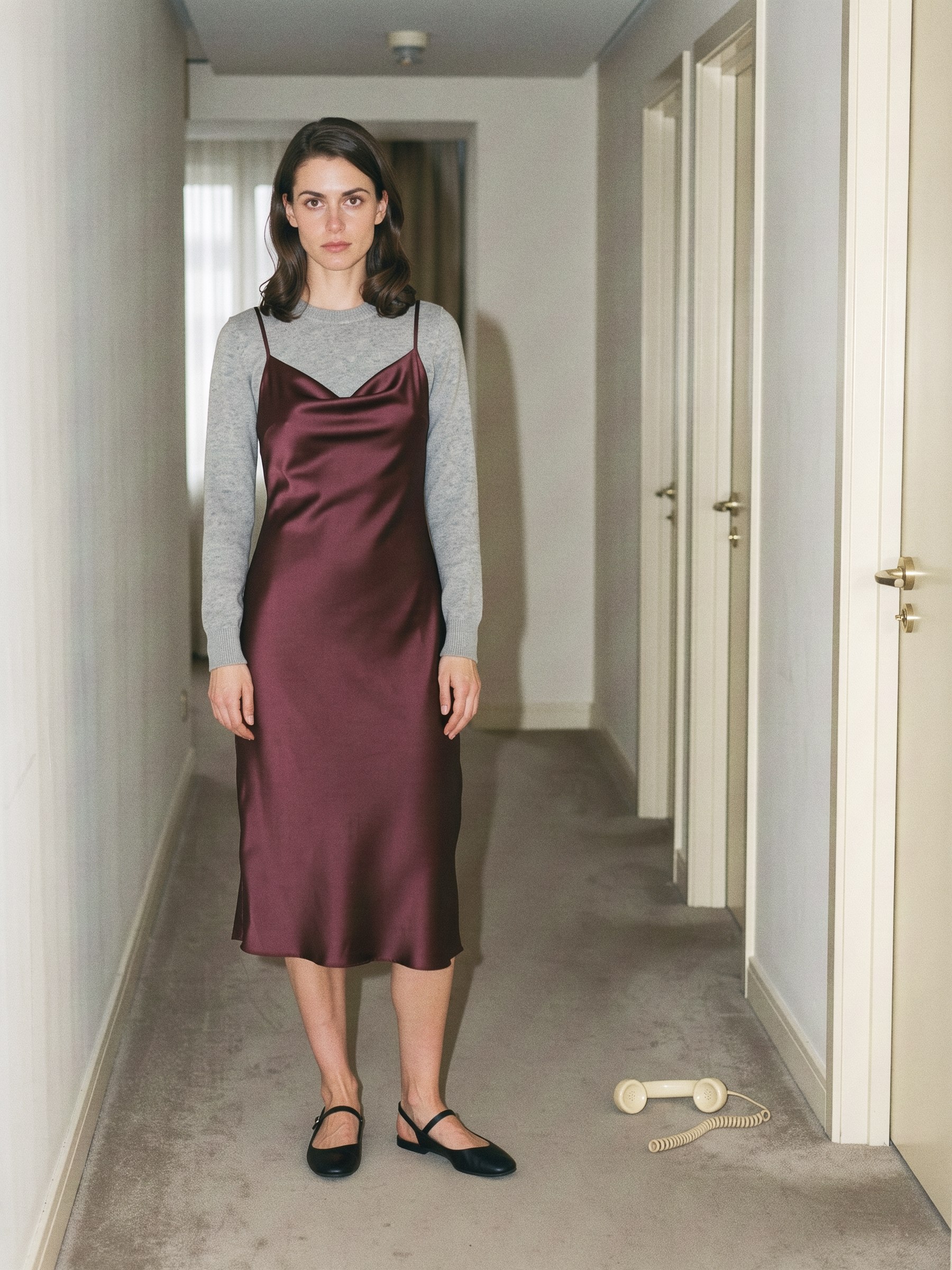 Mannequin en slip dress porté sur un pull fin gris, dans un couloir d'hôtel au flash direct