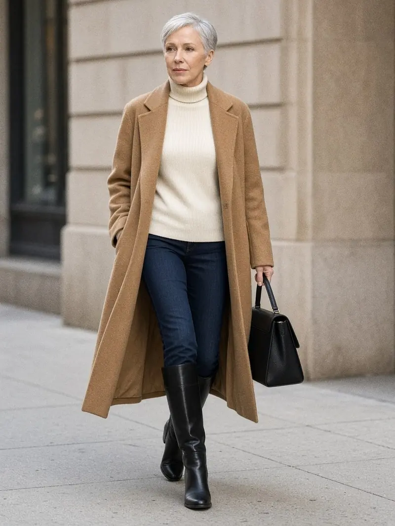 Illustration, mannequin fictif : Femme en bottes cavalières noires plates, jean rentré dans la tige, long manteau camel ouvert sur un col roulé écru.