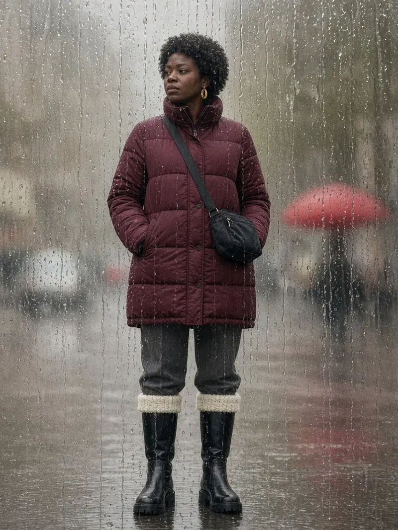 Illustration, mannequin fictif : Femme en bottes hautes noires en cuir lisse à semelle crantée, pantalon gris rentré dans la tige et parka bordeaux.