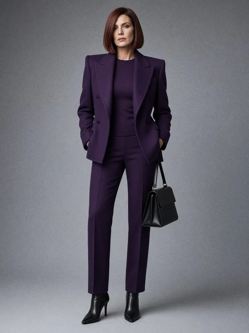 Illustration, mannequin fictif : Femme de pied en cap en tailleur aubergine, veste à épaules marquées ouverte, pantalon droit assorti et bottines noires pointues.