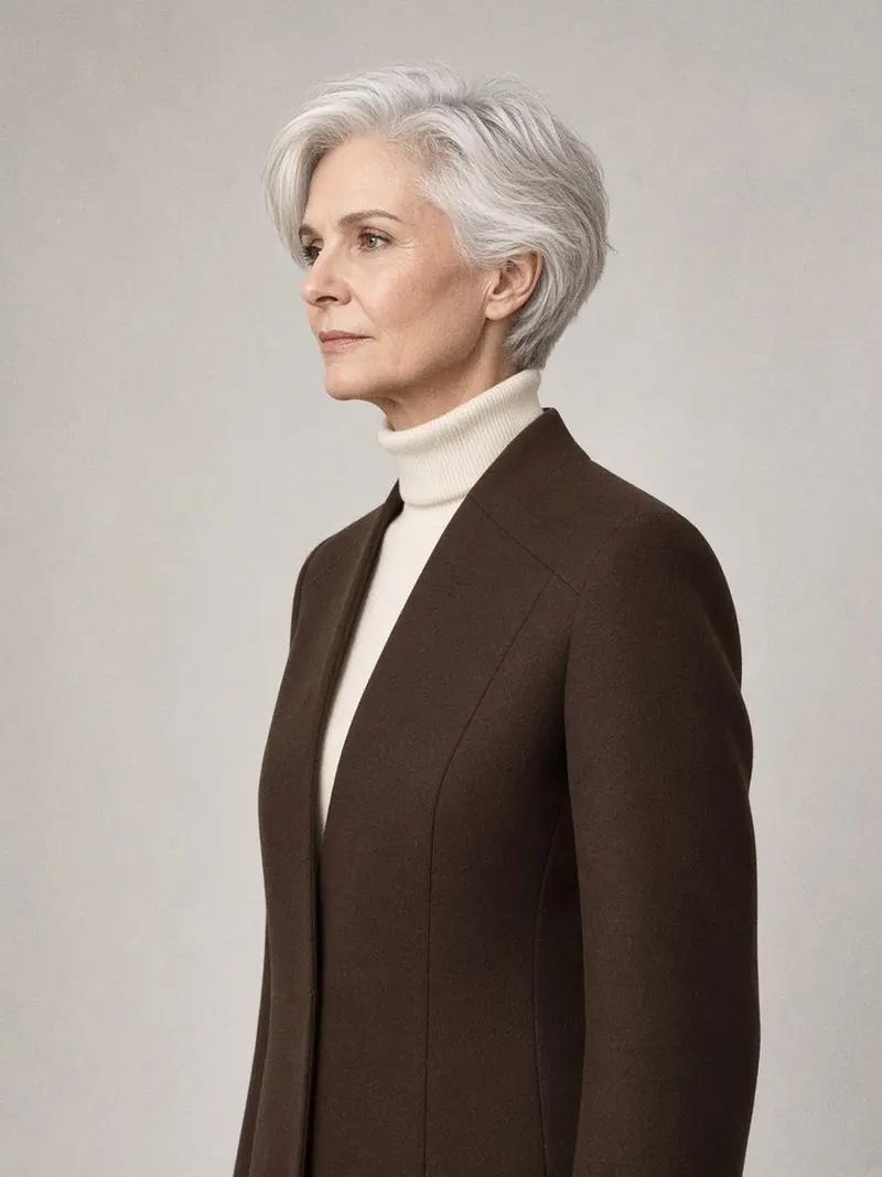 Illustration, mannequin fictif : Détail de profil, haut du buste, d'une veste en laine marron chocolat : couture d'épaule nette, épaulette biseautée et col roulé crème dessous.
