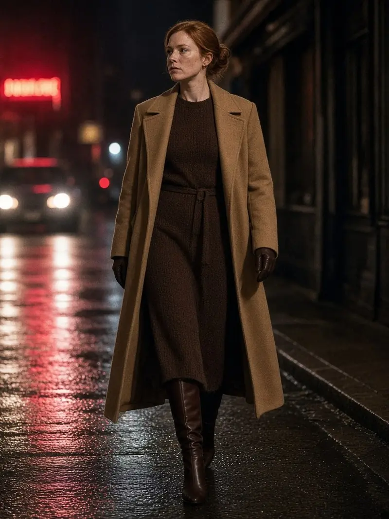 Illustration, mannequin fictif : Femme de pied en cap en robe pull marron chocolat ceinturée, long manteau camel ouvert à épaules structurées, bottes hautes marron et gants de cuir.