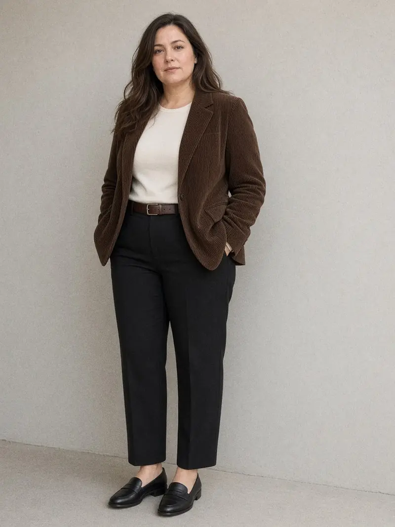 Illustration, mannequin fictif : Femme vue aux trois quarts en veste de velours côtelé marron chocolat, haut en maille fine ivoire, pantalon droit noir à la cheville et mocassins noirs.