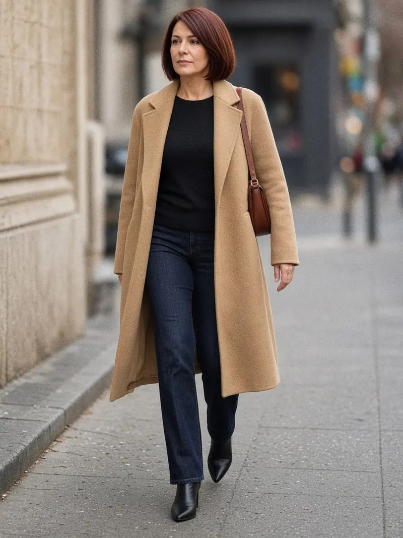 Illustration, mannequin fictif : Femme debout dans une rue, en manteau long droit camel en laine porté ouvert sur un pull noir fin et un jean droit, bottines noires à bout fin.