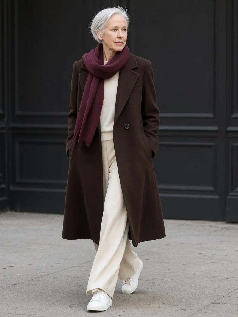 Illustration, mannequin fictif : Femme marchant en manteau court brun arrêté à la taille, pantalon large écru, baskets blanches et écharpe bordeaux.