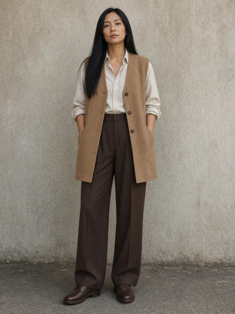 Illustration, mannequin fictif : Femme debout en gilet de costume camel long sur une chemise écrue aux manches roulées, pantalon à pinces brun droit et brogues épaisses.