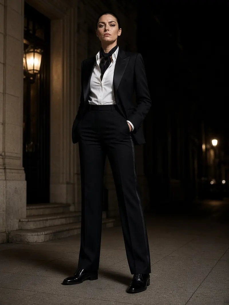 Illustration, mannequin fictif : Femme en veste de smoking noire à revers satin, chemise blanche col ouvert, pantalon droit noir, foulard de soie noué et derbies vernis.