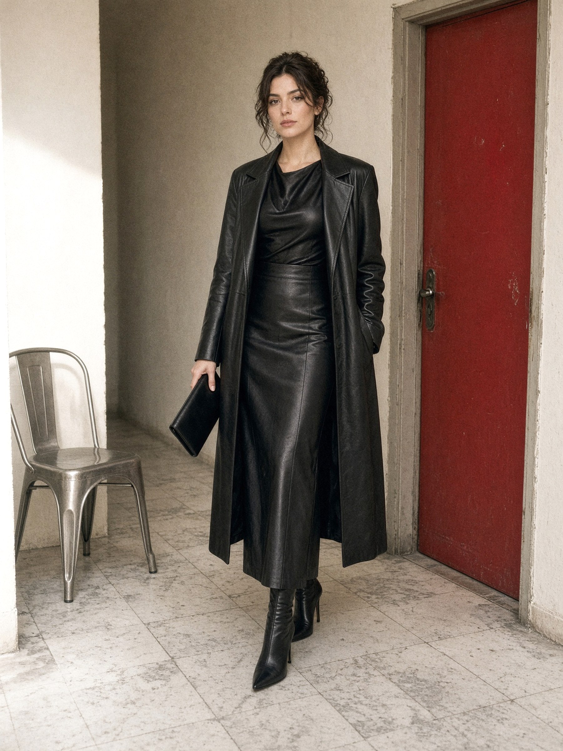 Mannequin en veste et jupe de cuir noir mat assorties, veste ouverte sur un top structuré, dans un couloir d'hôtel au flash direct.