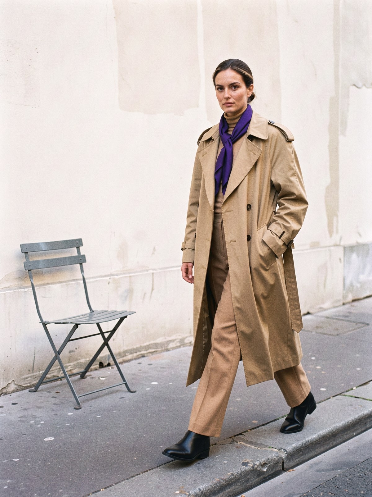 Mannequin en trench camel mi-mollet et pantalon camel, silhouette verticale, foulard pourpre