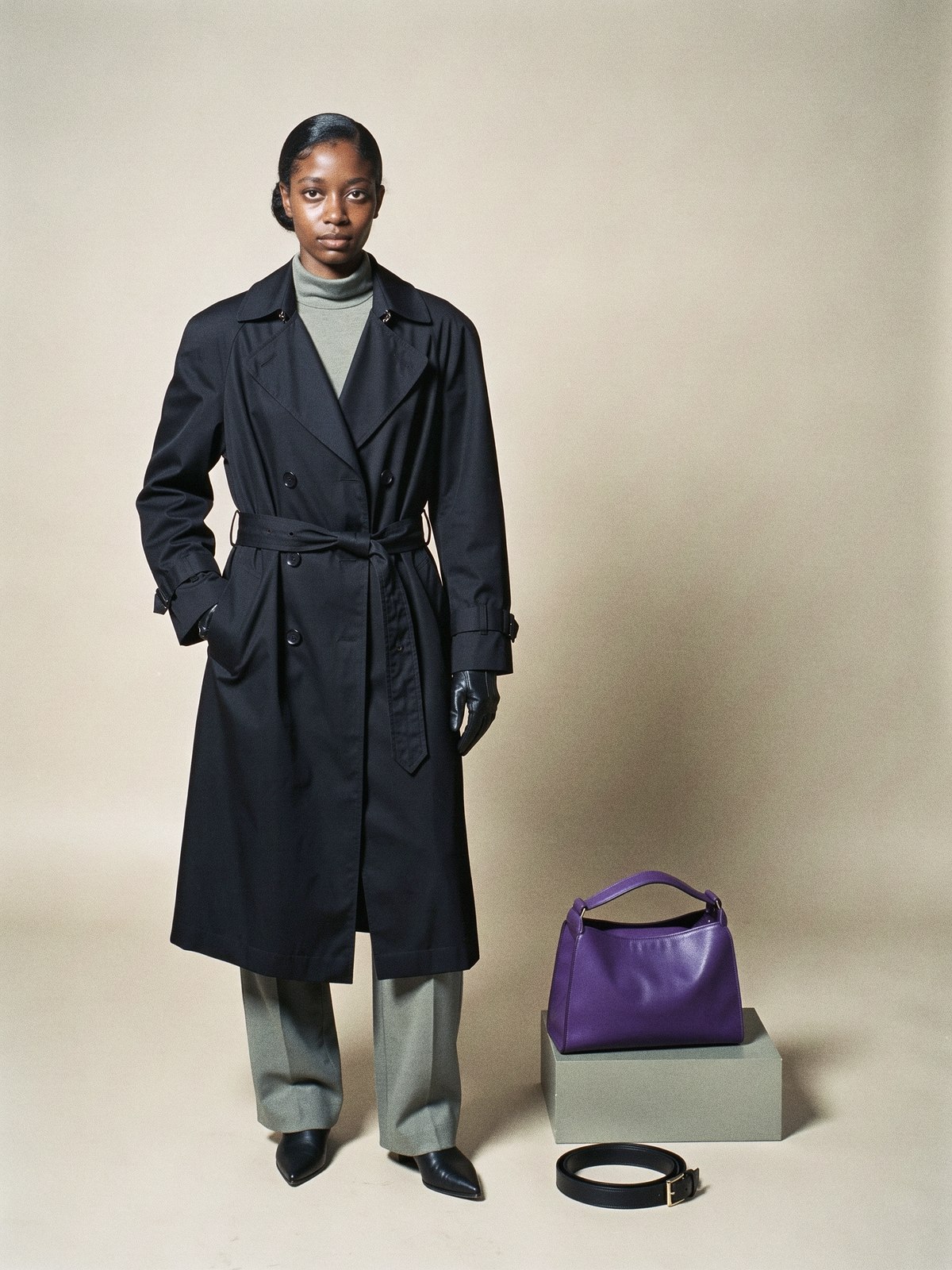 Mannequin en trench noir ouvert, ceinture nouée bas sur la hanche, gants en cuir noirs