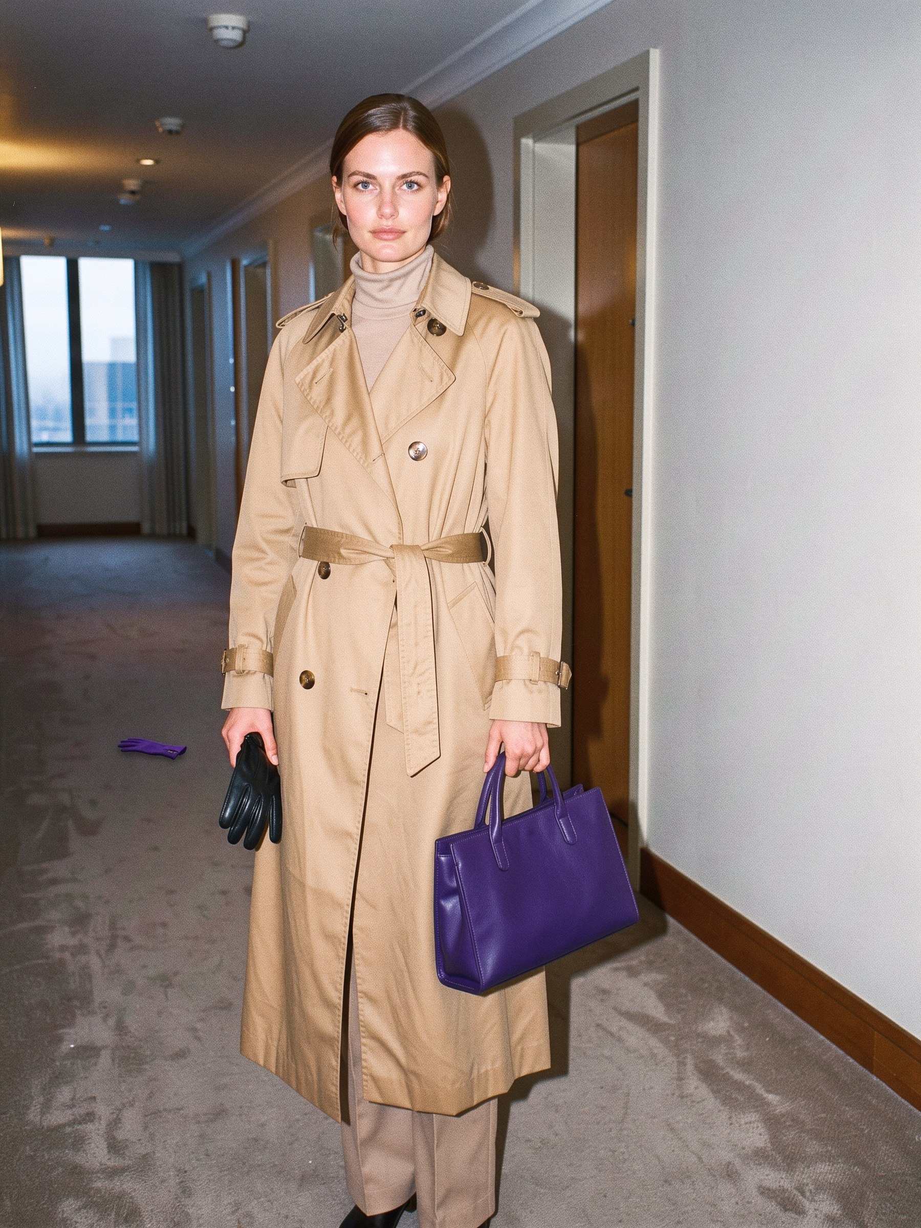Mannequin en trench camel mi-mollet, ceinture nouée bas sur la hanche, dans un couloir d'hôtel au néon violet