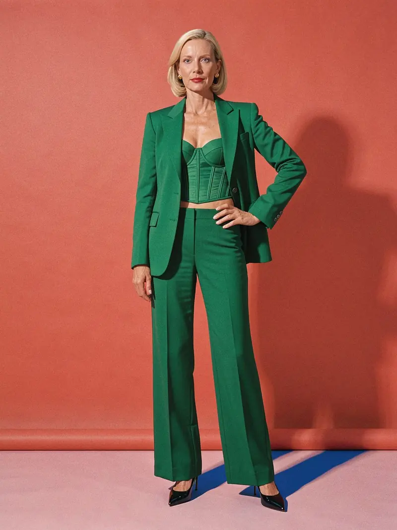 Illustration, mannequin fictif : Femme en tailleur pantalon vert émeraude, blazer ouvert sur un bustier court assorti, pantalon large taille haute et escarpins noirs.